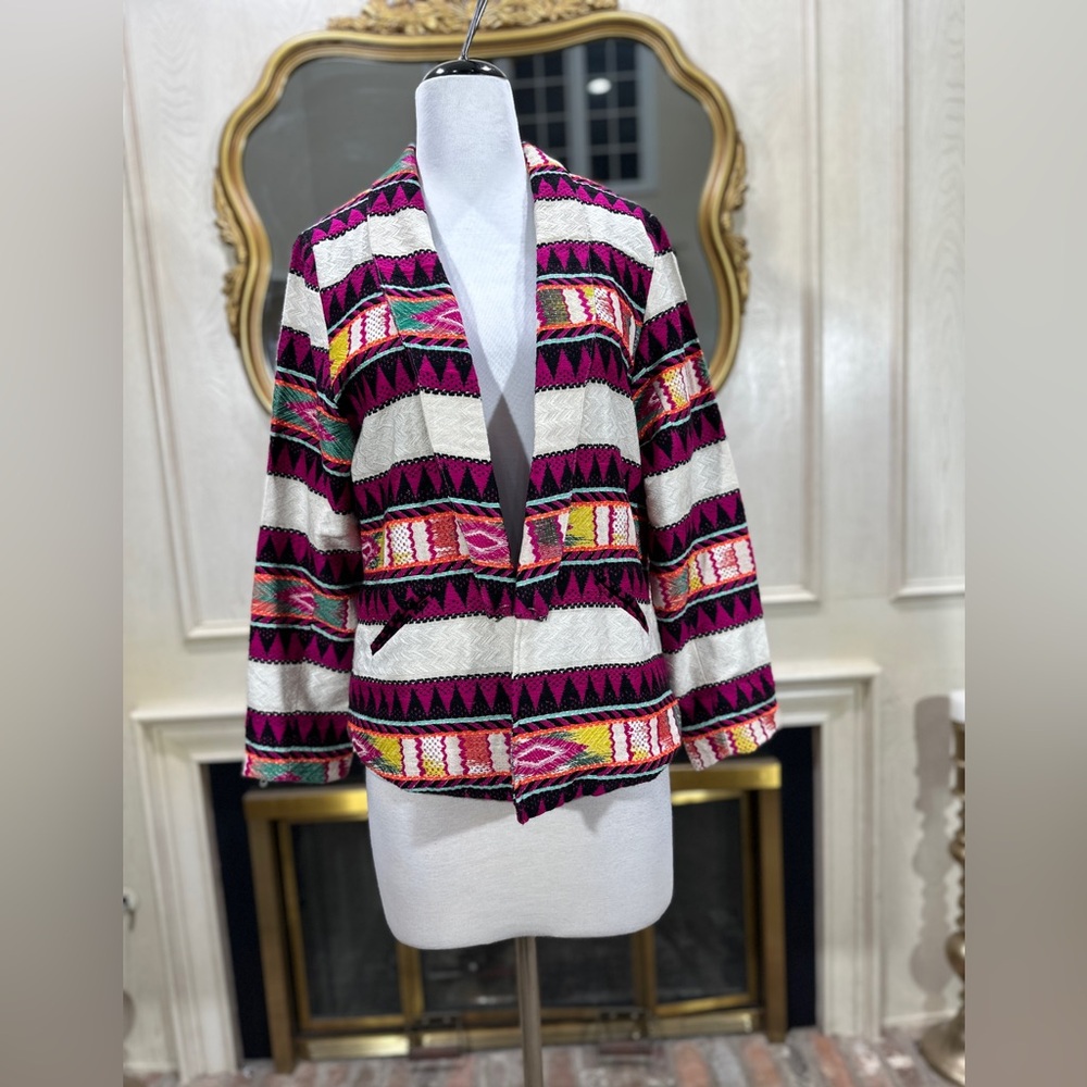 Open-Front Multicolor Geometric Stripe Blazer - Pink & Cream